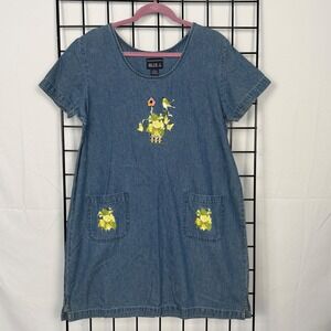 Blue J. Denim Shift Dress Womens Petite Large Blue Embroidered Floral Birdhouse